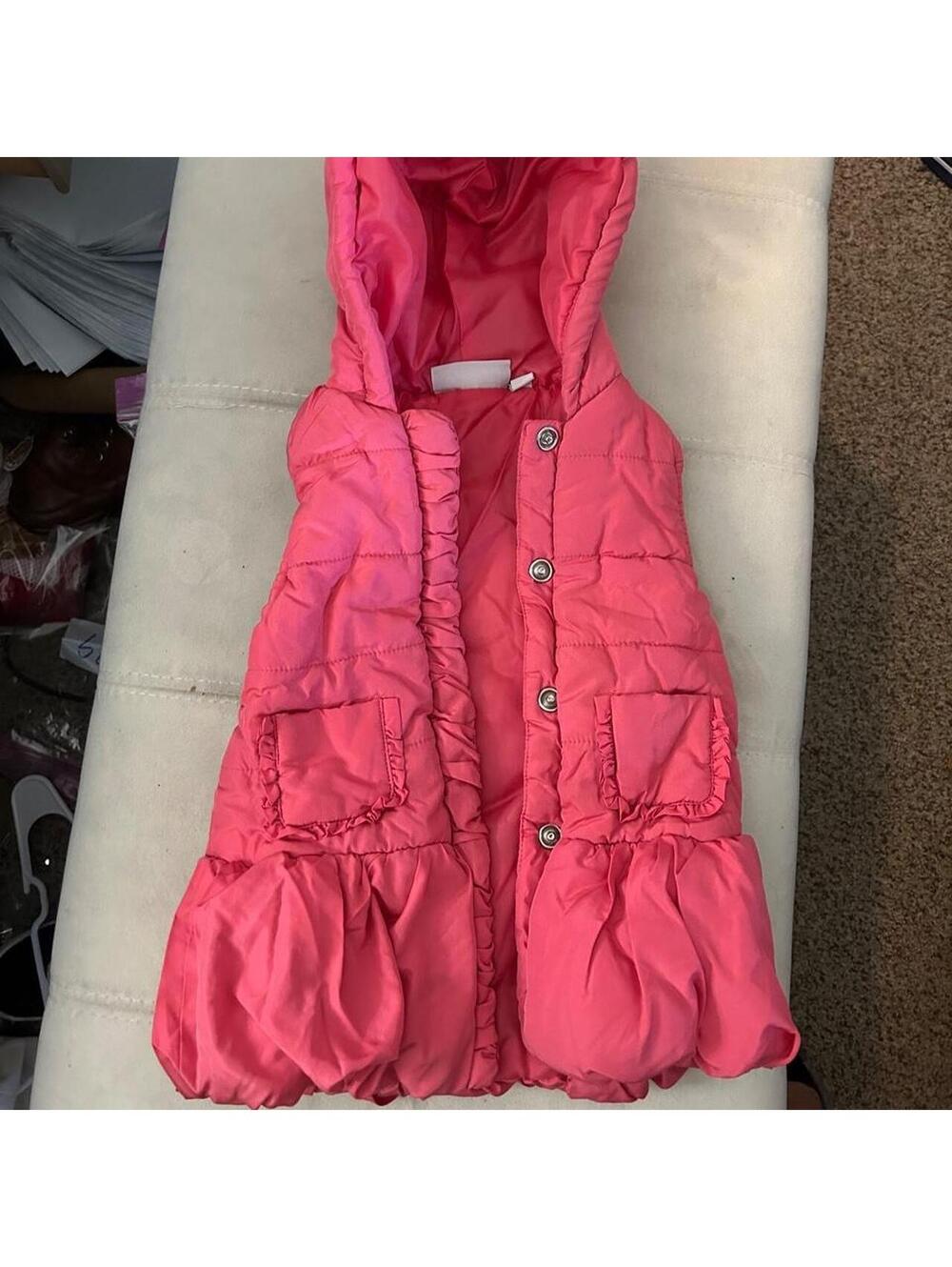 Kidsmith pink puffer vest with ruffles and pockets, size S